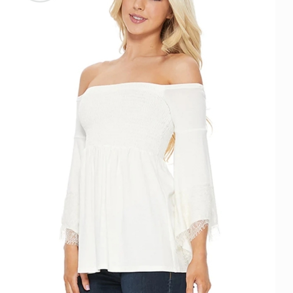 Vava by Joy Han Ivory  Off-the-Shoulder 3/4 Sleeve Lace Smocked Blouse